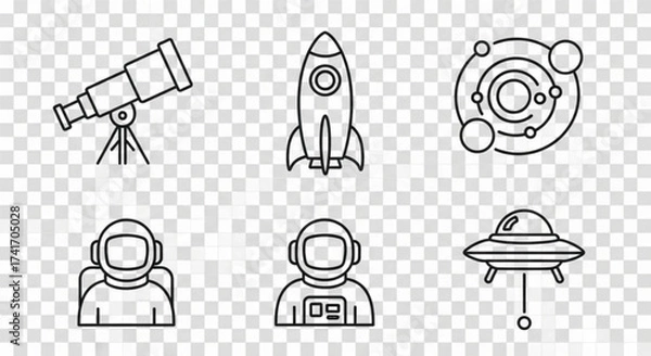 Fototapeta Illustration of a telescope, rocket, solar system, astronauts, and a ufo in a line art style created with generated ai