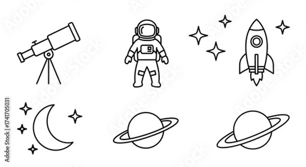 Fototapeta Outline drawing of telescope, astronaut, rocket, stars, moon and planets in space exploration theme created with generated ai