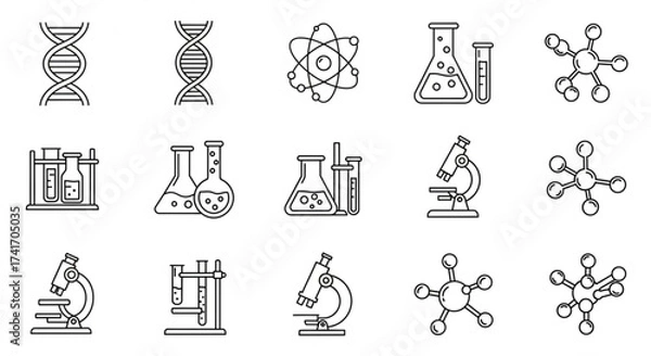 Fototapeta Illustration of dna strands, atoms, flasks, test tubes, and microscopes representing science concepts created with generated ai