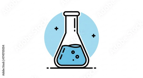 Fototapeta Illustration of a conical flask with blue liquid and bubbles against a light blue circle backdrop created with generated ai