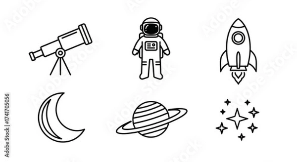 Fototapeta Illustration of an astronaut, telescope, rocket, moon, planet and stars in black outline style created with generated ai