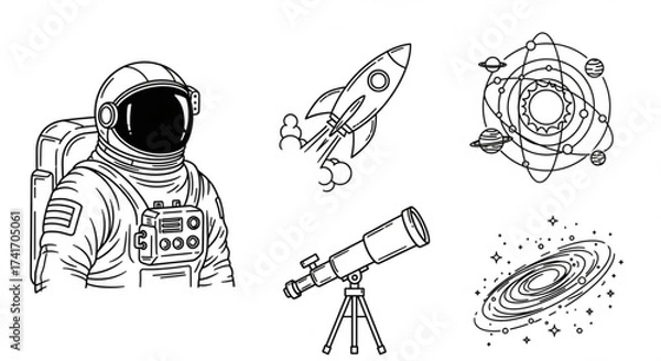 Fototapeta Illustration of an astronaut, rocket, solar system, telescope, and galaxy in a line art style design created with generated ai