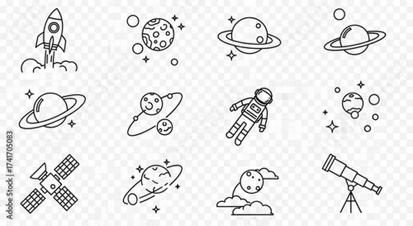 Fototapeta Collection of space elements including planets, rocket, astronaut, satellite and telescope line art icons created with generated ai