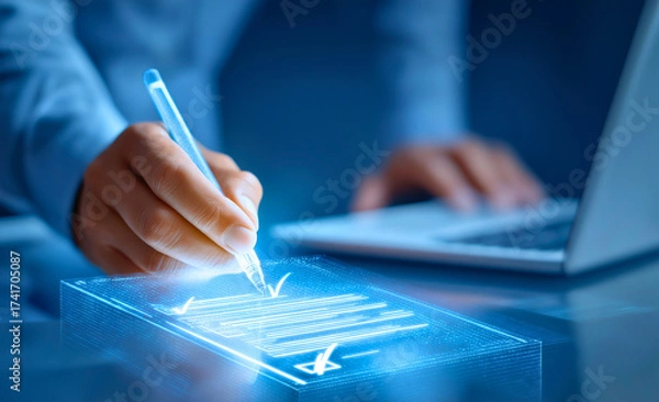 Obraz Businessman Signing Digital Document on Futuristic Virtual Interface