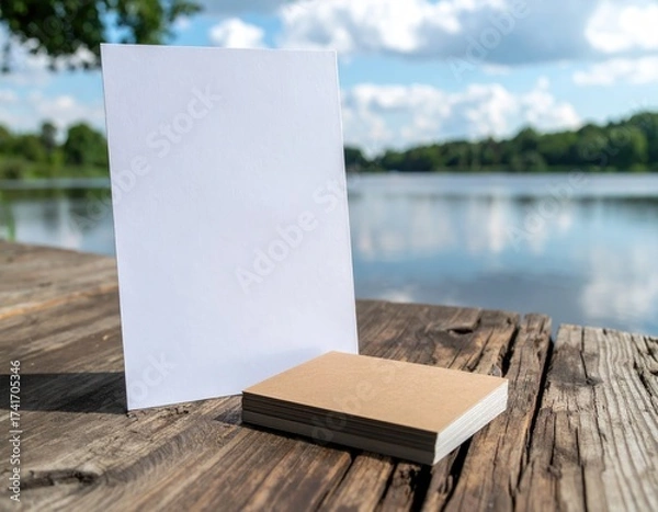 Fototapeta Blank card & stack on weathered dock, lake backdrop