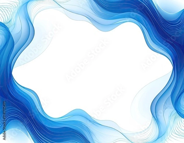 Fototapeta Blue wavy frame, abstract, delicate curves on white