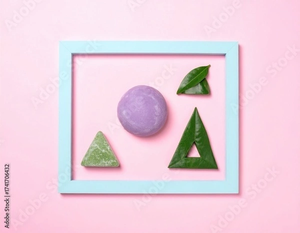 Fototapeta Geometric shapes, greens & purple within a teal square frame