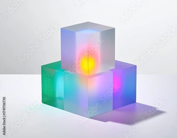 Fototapeta Stacked transparent cubes glow with colorful internal light