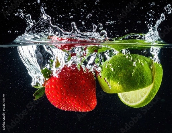 Fototapeta Fruit drops into water creating splash, black background