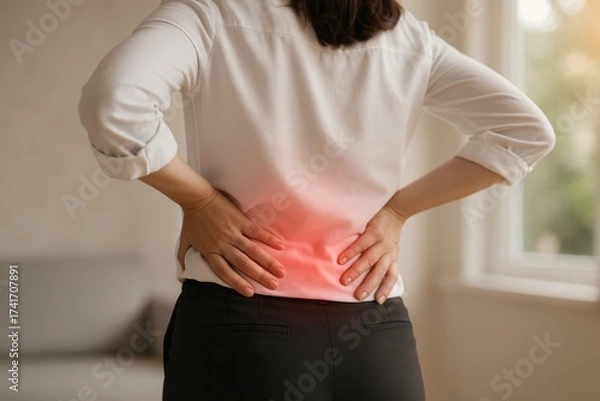 Fototapeta Back Pain: A person, experiencing discomfort, holds their lower back in a moment of physical suffering. This image evokes empathy, portraying the challenges of bodily ache.