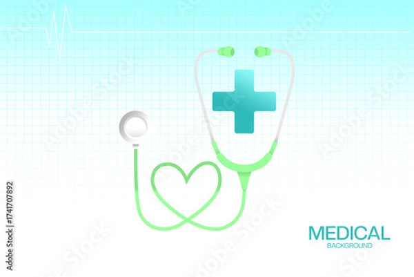Fototapeta Medical background with blue and green background with stethoscope illustration and plus symbol. Suitable for hospital posters, web, and presentations. Vector eps.