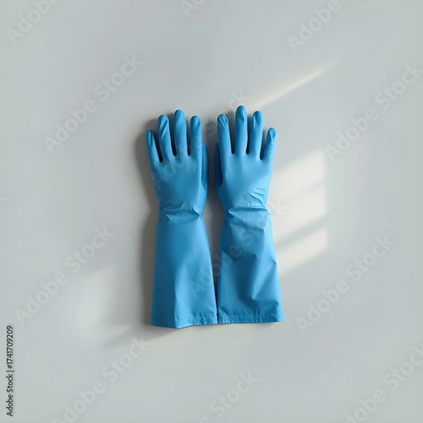 Fototapeta A pair of blue rubber gloves, resting on a light surface, casting shadows.