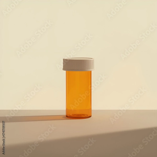 Fototapeta An empty, amber-colored prescription pill bottle with a white cap sits on a surface with cast shadows.