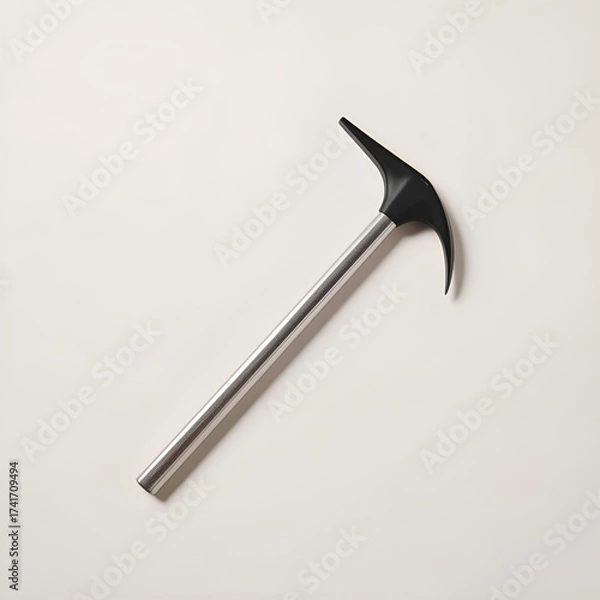 Fototapeta A close-up studio shot of a shiny, metallic ice axe resting on a plain, light-colored surface.