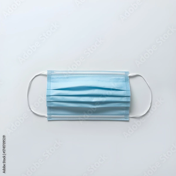 Fototapeta A single, blue surgical mask rests centered on a plain white background.