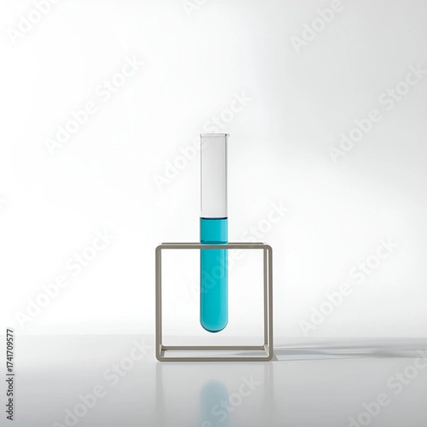 Fototapeta A test tube filled with blue liquid is held upright by a minimalist metal stand against a white background.
