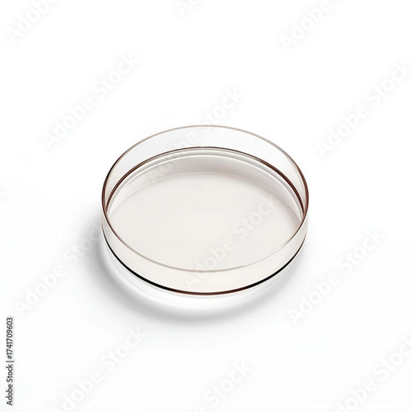Fototapeta A clear, empty petri dish sits isolated on a white background, ready for use in a laboratory.
