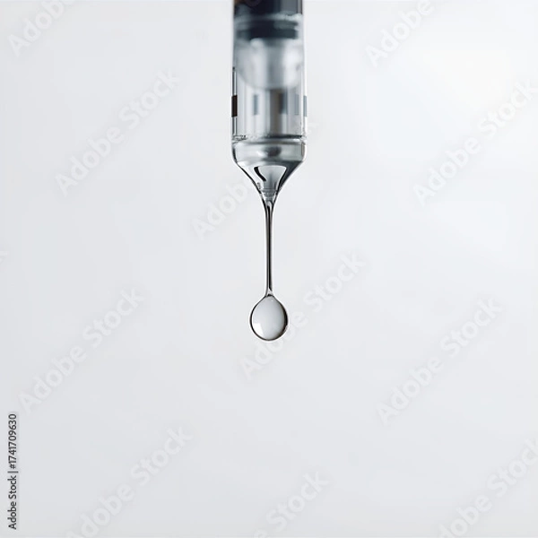 Fototapeta A close-up shot of a syringe with a single, clear drop of liquid hanging from the needle, against a plain background.