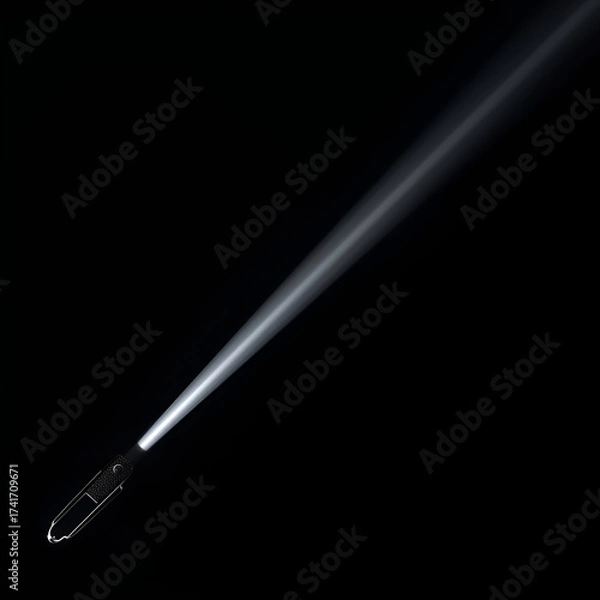 Fototapeta A flashlight emits a bright beam of light across a dark background, illuminating the space.