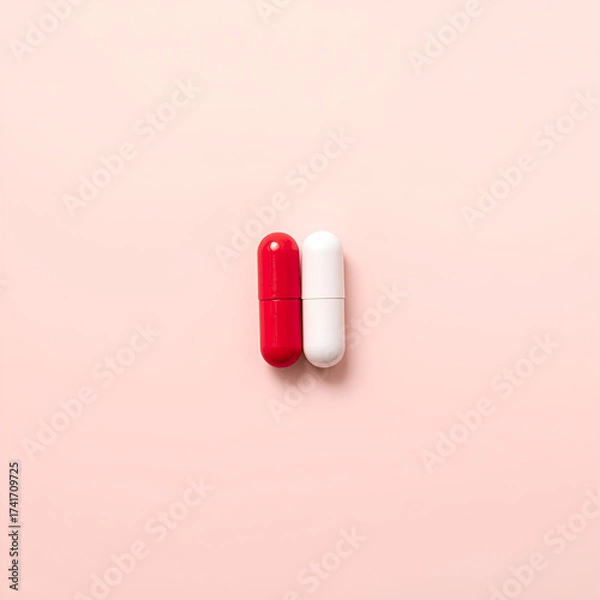 Fototapeta Two colorful capsules, one red and one white, resting on a soft pink surface.