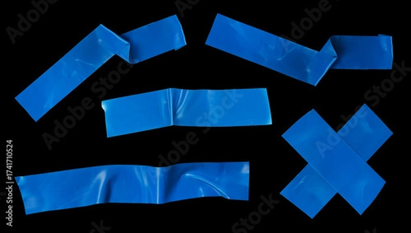 Fototapeta Blue insulating tape design elements. Blue tape texture isolated on black background. Adhesive tape parts