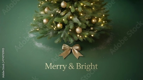 Fototapeta Christmas tree with golden ornaments standing on a flat green surface, with empty background, evoking a festive yet elegant holiday vibe., created with generative ai