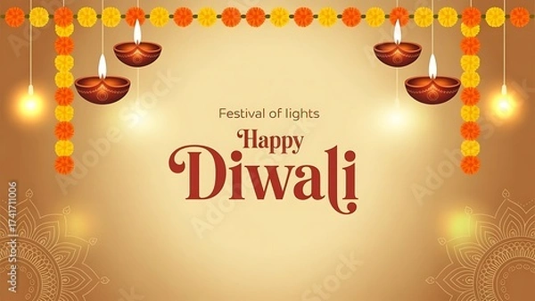 Fototapeta Happy Diwali abstract greeting card flat design template with festive Diya, indian festival, banner, header, social media poster, created with generative ai