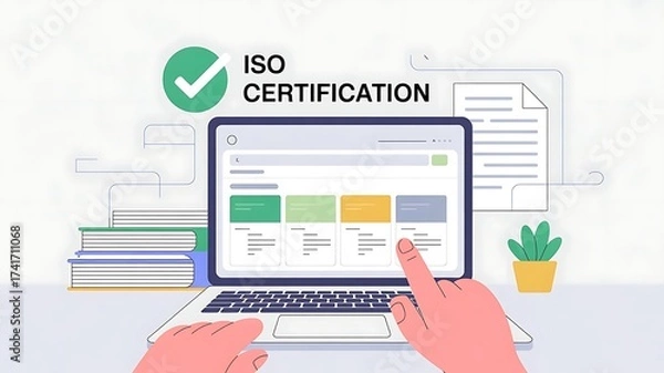 Fototapeta IOS Certification, standards, quality, assurance, and requirements shown with a businessman interacting with virtual icons representing control and compliance systems, created with generative ai