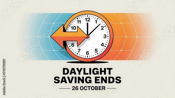 Fototapeta 6 Oct Daylight Saving Time Ends Simple clean banner with clock going back, Fall Back Clock, created with generative ai