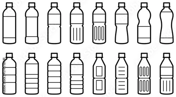 Fototapeta ペットボトルのアイコンセット（様々な形のプラスチックボトルのベクターイラスト）