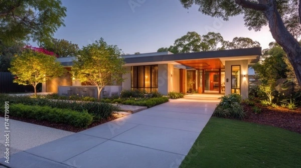 Fototapeta Modern residential architecture with elegant landscaping and warm evening lights in suburban neighborhood setting