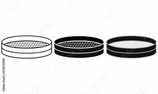 Fototapeta Set of three round laboratory sieves, fine mesh strainer, or sift, sieve line art, showing mesh surface and cylindrical frame. Ideal for science, testing, engineering, and educational design use