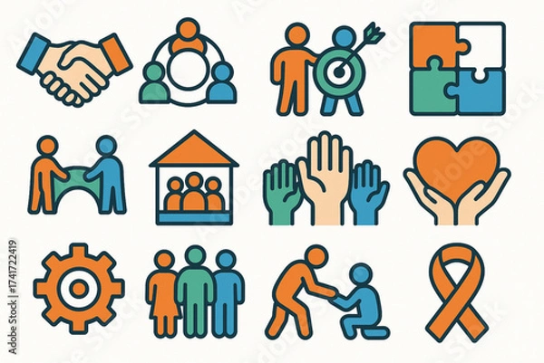 Fototapeta Flat Icon Set of Social Unity and Cooperation in Bold Shapes and Limited Color Palette