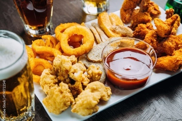 Fototapeta Appetizers and beer on a wooden table showcasing fried food and drinks for a casual dining experience
