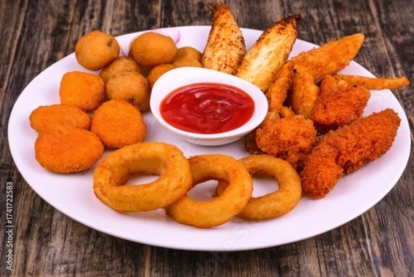 Fototapeta Delicious assortment of fried appetizers on a plate with ketchup for dipping