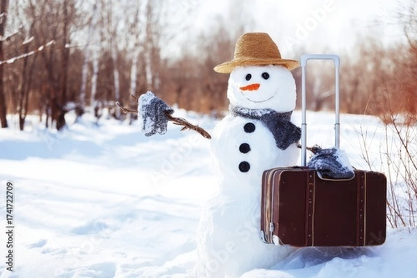 Fototapeta Snowman with a suitcase in a winter landscape showcasing travel concept