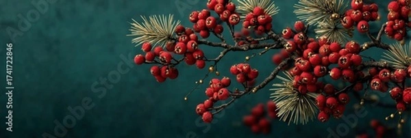 Fototapeta Decorative branch with festive red berries and pine needles on a textured background