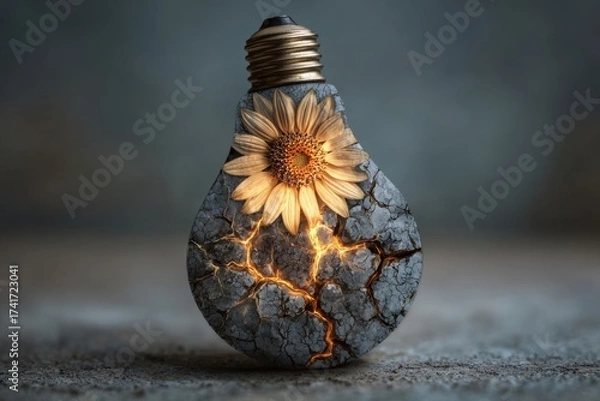 Fototapeta Creative concept of a dried sunflower emerging from a cracked light bulb on a textured surface