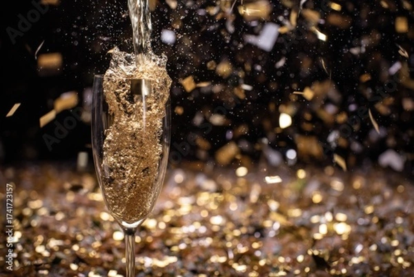 Fototapeta Celebration with sparkling champagne and golden confetti in a festive atmosphere