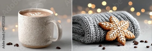 Fototapeta Cozy winter scene with hot chocolate and snowflake cookie on a warm blanket