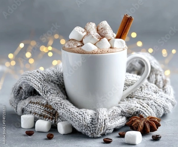 Fototapeta Warm and cozy winter drink with marshmallows and cinnamon in a white mug wrapped in a knit scarf