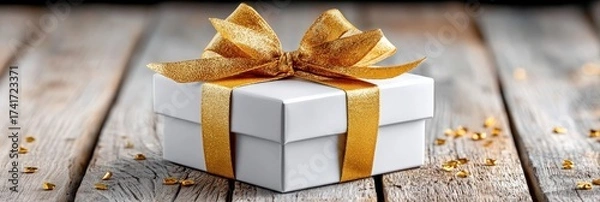 Fototapeta White gift box with a golden bow on rustic wooden background for festive occasions
