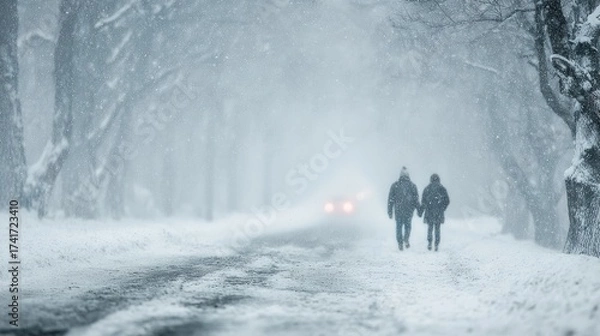 Fototapeta Two people walk through a snowy landscape with snow falling heavily around them