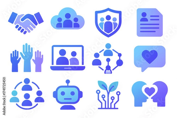 Fototapeta Tech-Inspired Icon Set of Digital Collaboration and Human-Centered Innovation in Cool Gradient Tones