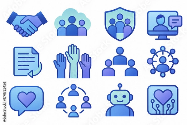 Fototapeta Tech-Inspired Icon Set of Digital Collaboration and Human-Centered Innovation in Cool Gradient Tones