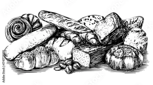 Fototapeta A variety of baked goods including bread, croissants, and rolls arranged in a basket with wheat stalks