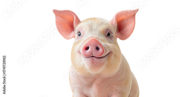 Fototapeta Smiling Pig Portrait with Pink Ears and Nose on White Background
