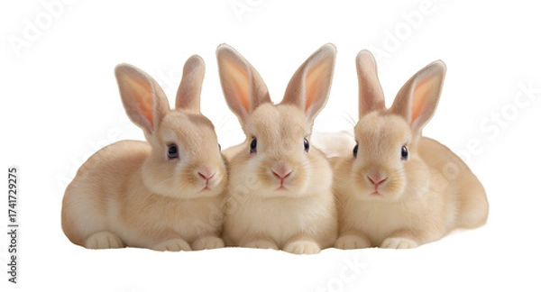 Fototapeta Three Adorable Bunnies Resting, Soft Focus on Creamy Background