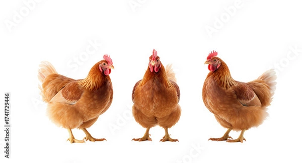 Fototapeta Three Brown Chickens on White Background