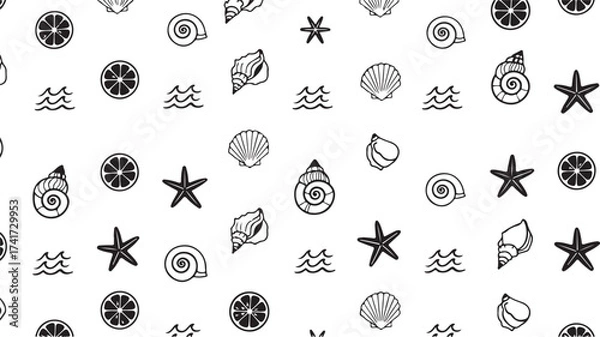 Fototapeta Seamless Summer Pattern with Seashells, Starfish, Citrus Slices, and Waves